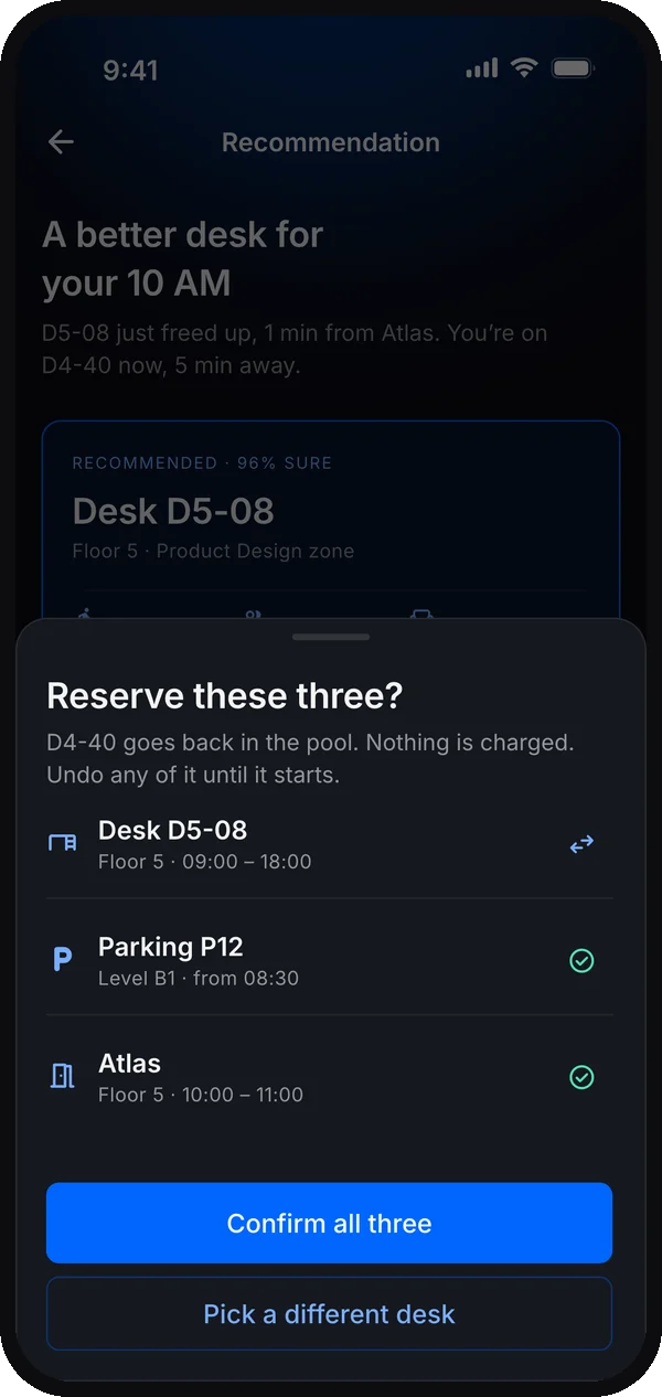 Reserve these three? A sheet asking to confirm a desk, parking and room