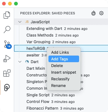 Adding tags in Pieces for VS Code.