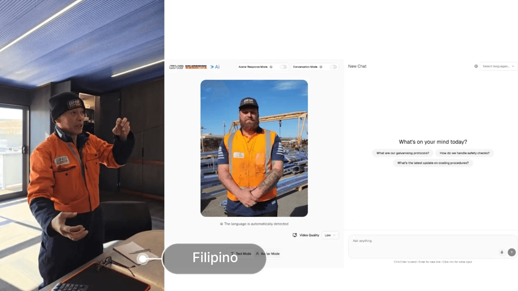 Screenshot of Galvanising Hawke’s Bay’s custom Health & Safety AI system in use, showing a team member chatting with their AI team leader inside the secure Foxbyte-built platform.