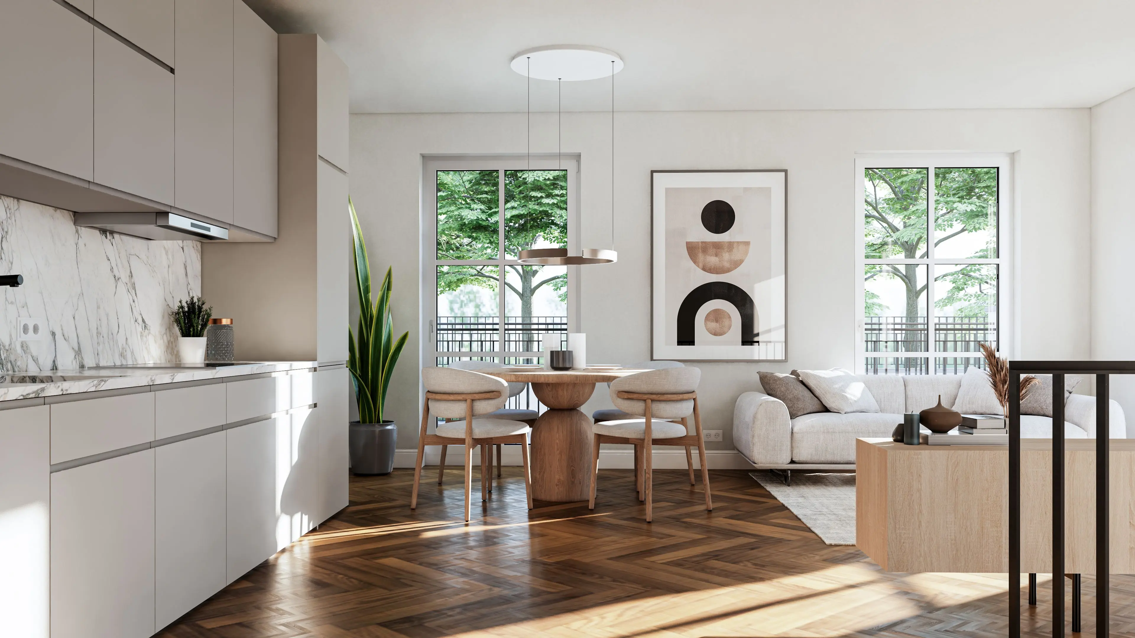 Wohnzimmer einer modernen Neubauwohnung mit offener Raumaufteilung und viel Tageslicht.