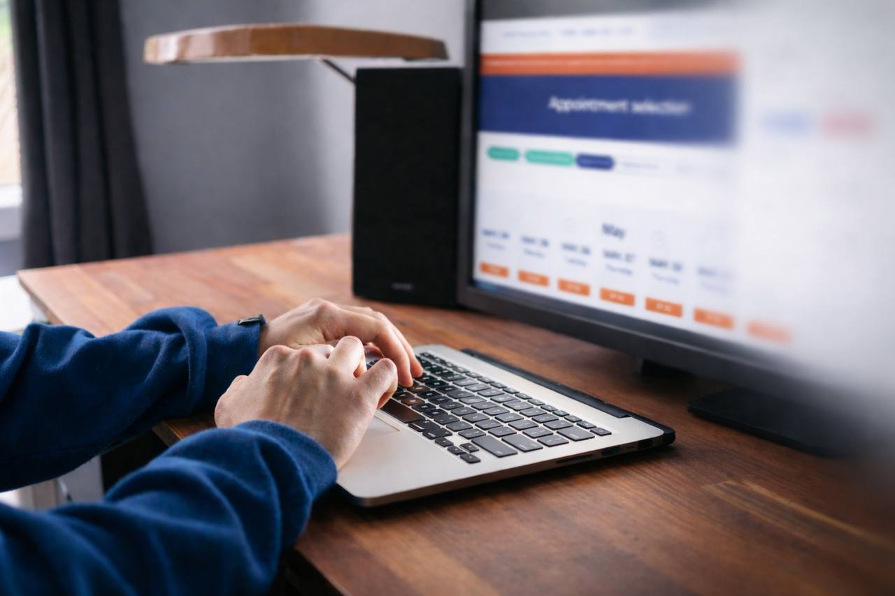 Online Schengen visa appointment system on a laptop screen during booking