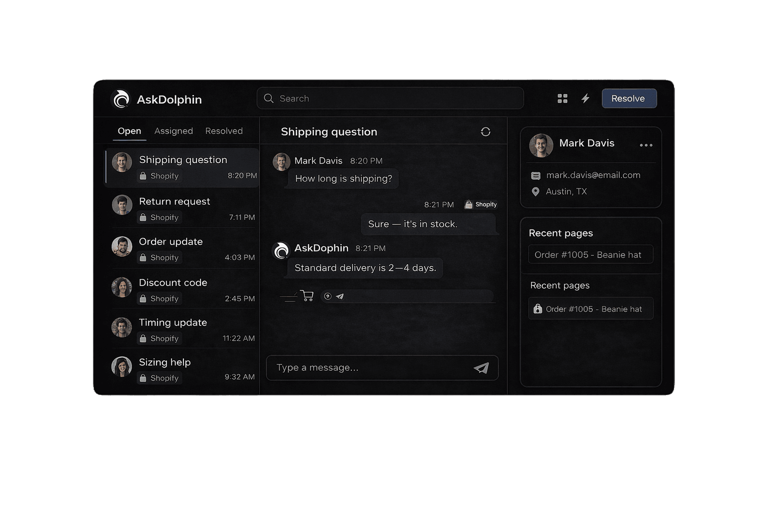AskDolphin team inbox showing all Shopify live chat conversations organized in one inbox with conversation list, message thread, and customer context panel.