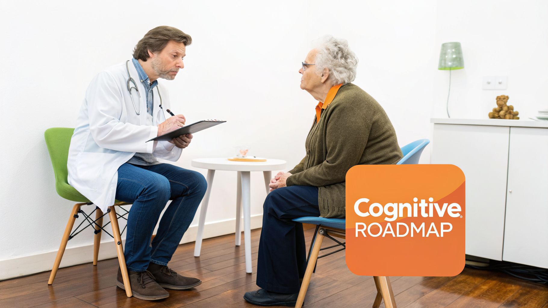A male doctor in a white coat assesses an elderly female patient during a cognitive evaluation.