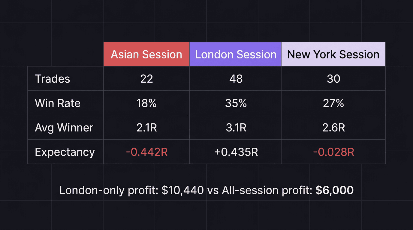 Comparison of session performance showing expectancy per trade for Asian, London, and New York sessions