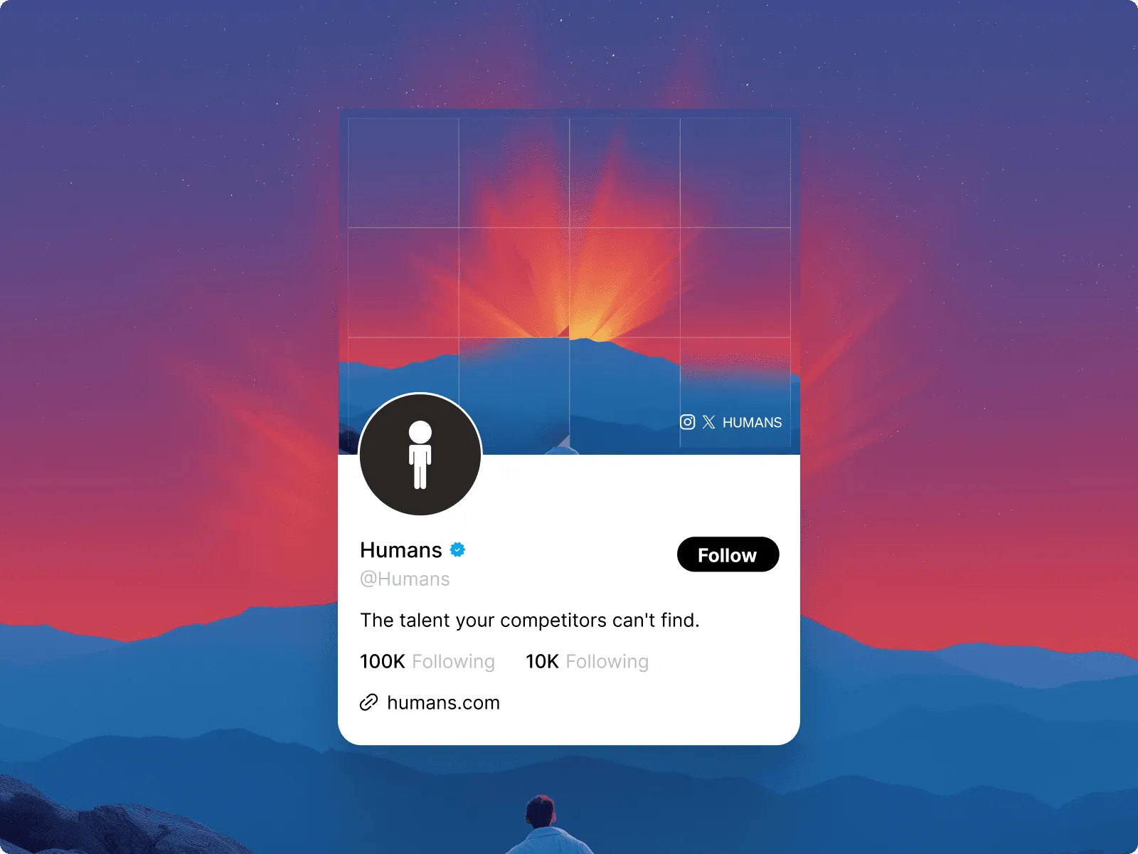 A digital interface displaying a user profile against a colorful sunset background.