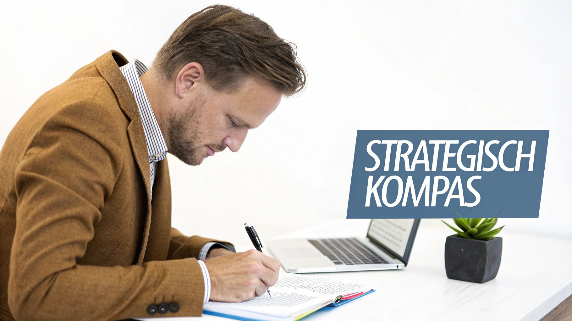 Man schrijft documenten op een bureau met laptop en een strategisch kompas tekstoverlay.