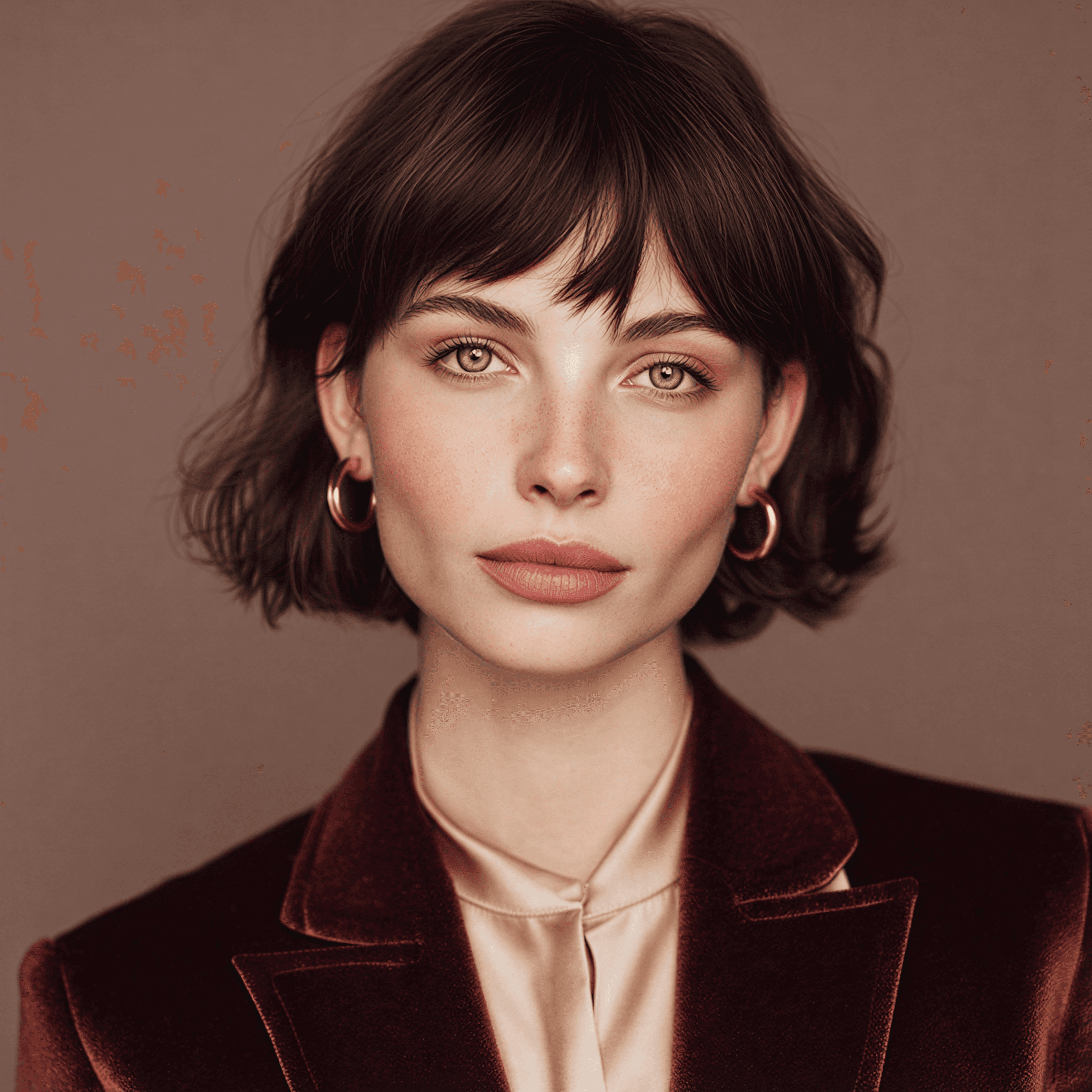 A woman with short, dark hair poses in a burgundy blazer against a neutral background, looking confidently at the camera.