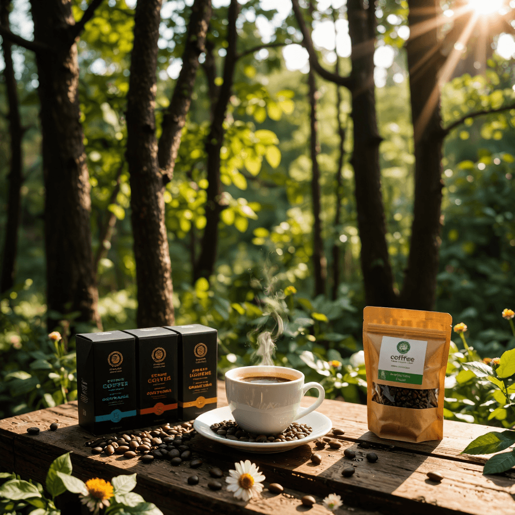 product photography of A set of four boxes of coffee beans and a single pouch of ground coffee