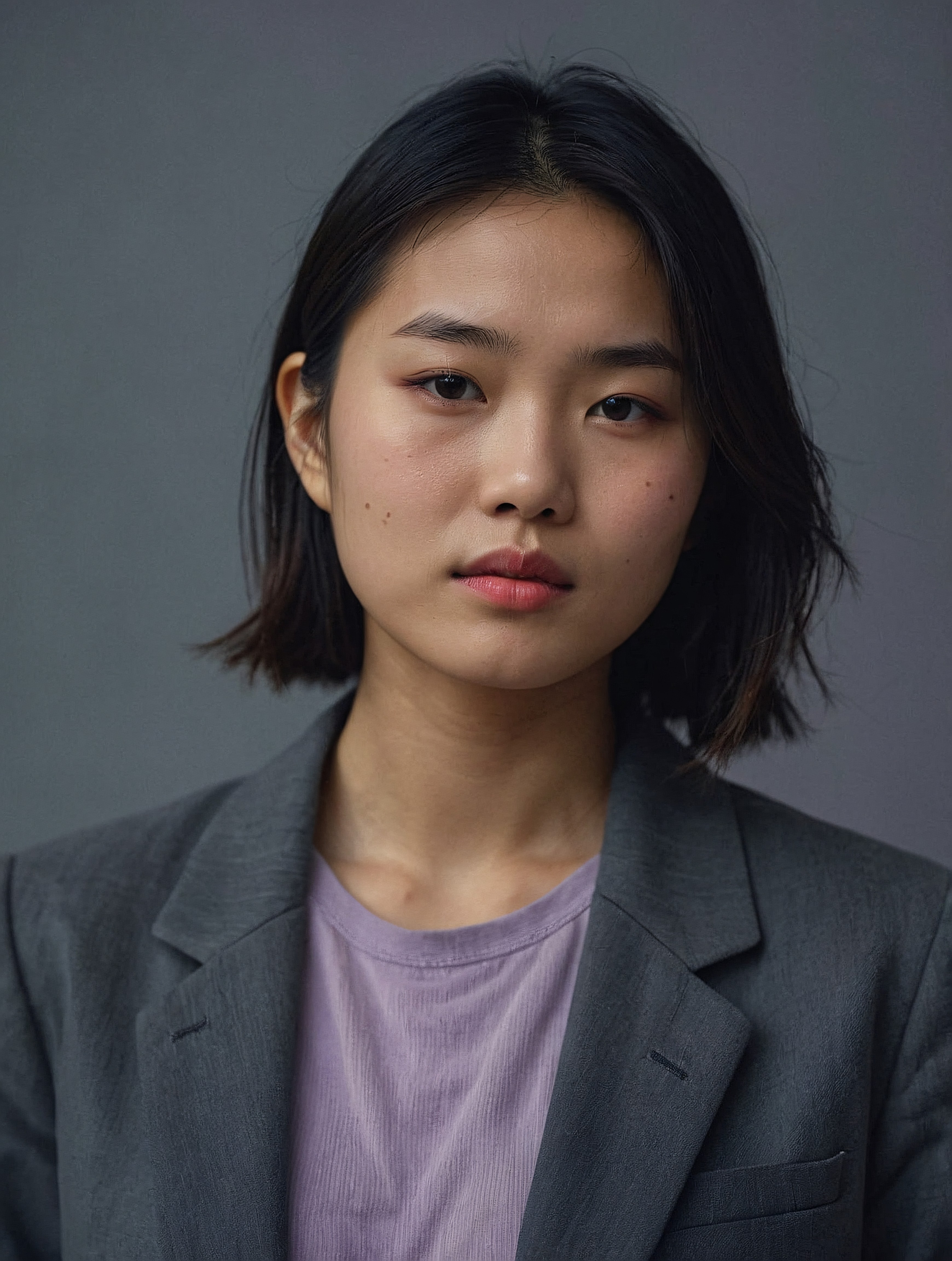 A young woman with short dark hair, wearing a blazer and looking thoughtfully at the camera against a plain background.