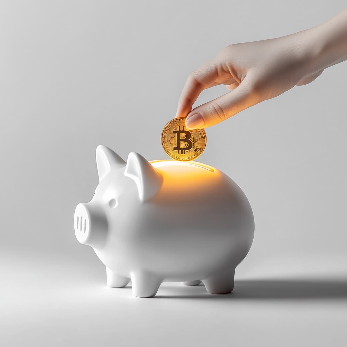 ein sparschwein, in das ein bitcoin eingezahlt wird