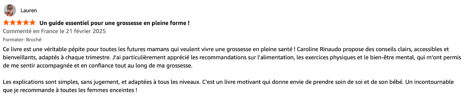 Avis positif d'une lectrice sur le livre de grossesse de Caroline Rinaudo.