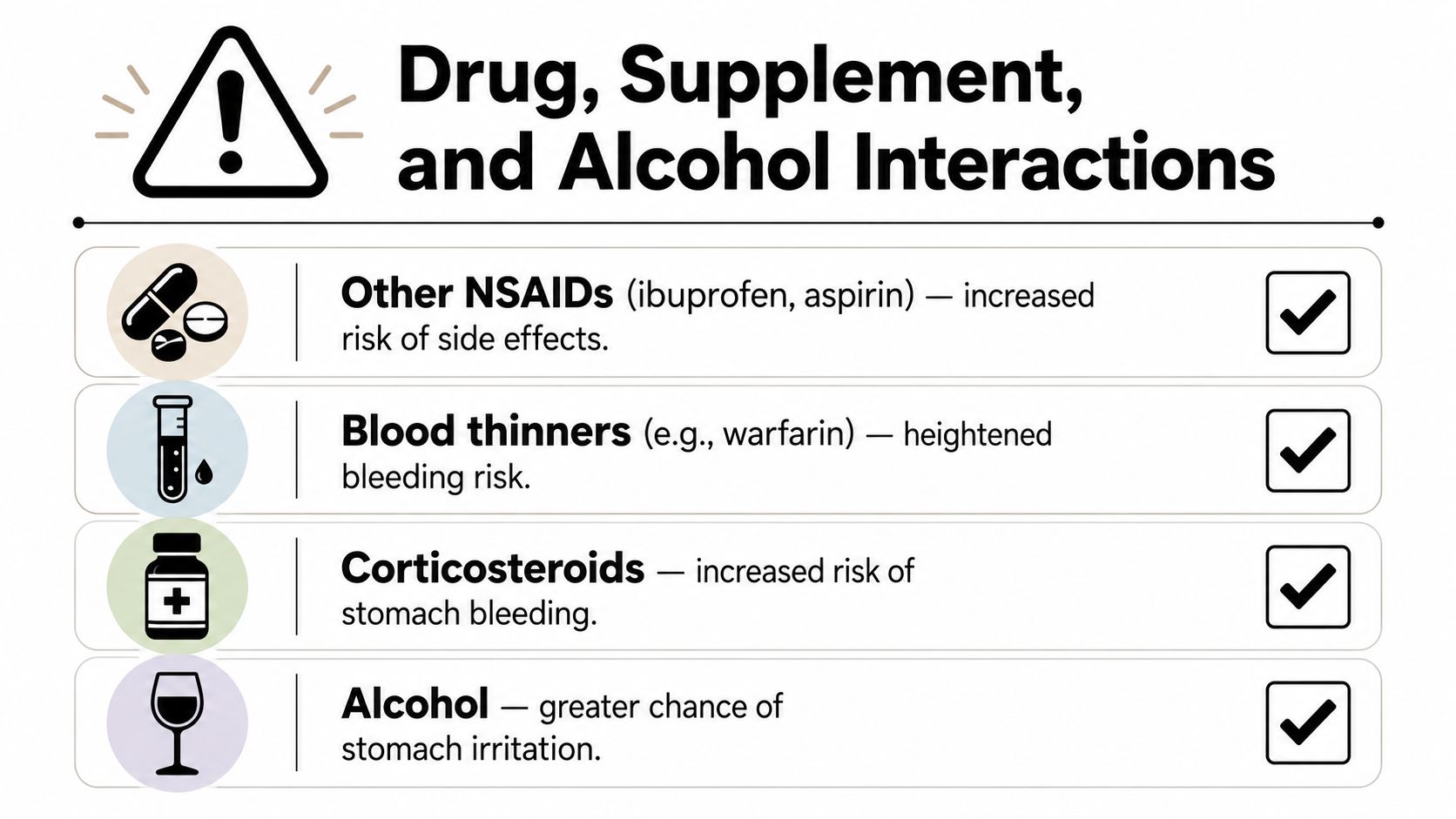 A safety chart listing potential drug, supplement, and alcohol interactions that increase health risks.