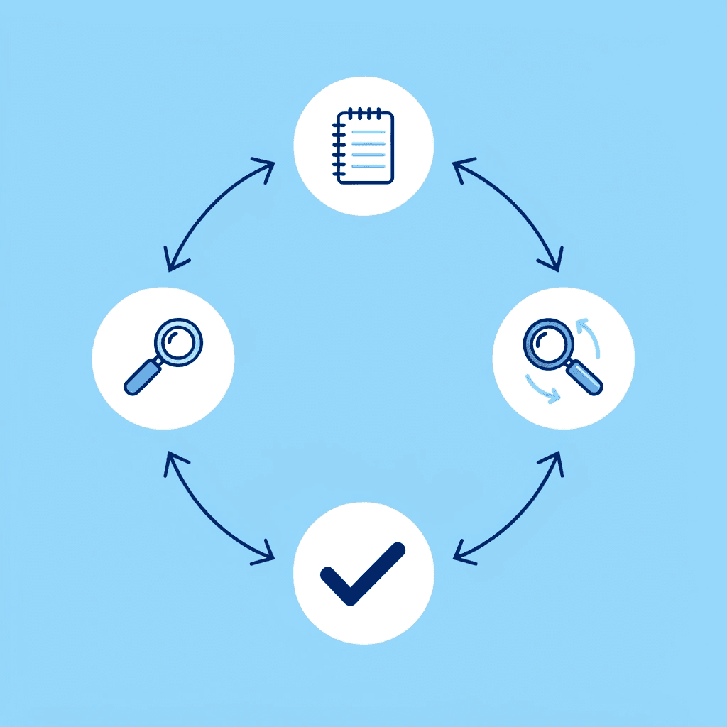 Circular workflow showing research leading to notes, repeating without progress to drafts
