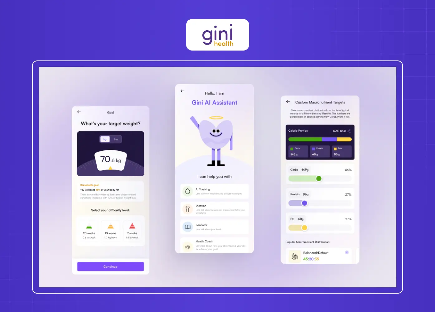 Mobile app screens showing an AI health assistant, weight tracking, and personalized nutrition recommendations.