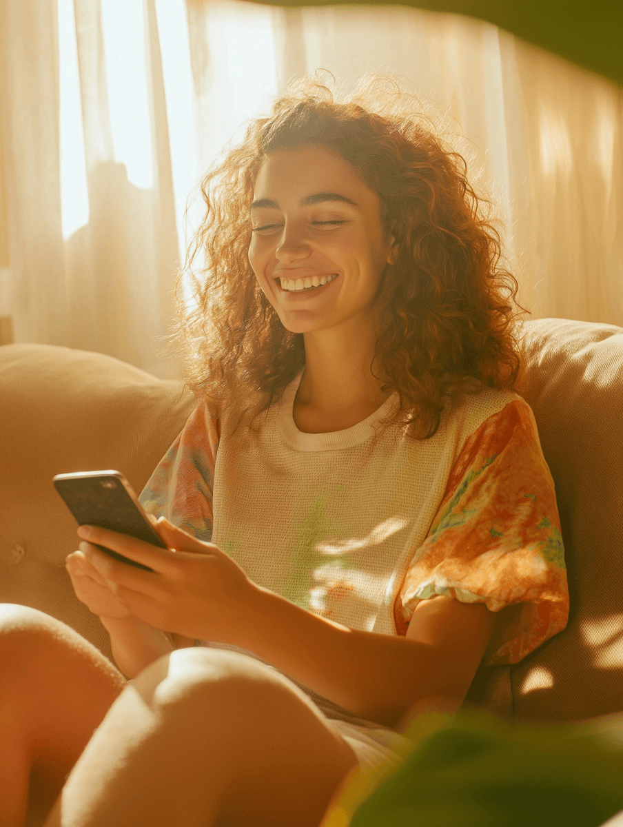 Smiling woman using smartphone indoors with sunlight.