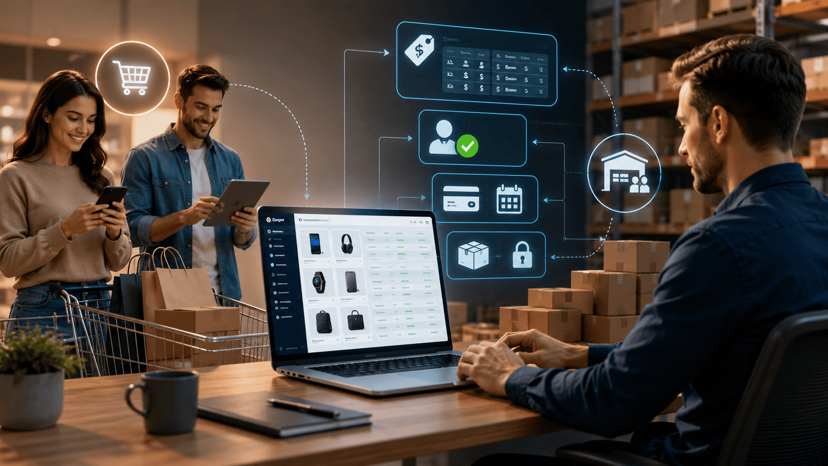 Cena 3D realista em formato 16:9 mostrando a transição de um e-commerce tradicional para uma operação B2B. Em primeiro plano, um profissional utiliza um notebook com interface moderna de vendas, enquanto elementos holográficos exibem recursos típicos do B2B, como tabela de preços diferenciada, aprovação de cadastro, condições de pagamento e catálogo restrito. Ao fundo, ambiente de estoque e logística com caixas e prateleiras reforçando o contexto de distribuição e revenda. Iluminação moderna, visual corporativo e tecnológico, sem textos na imagem.