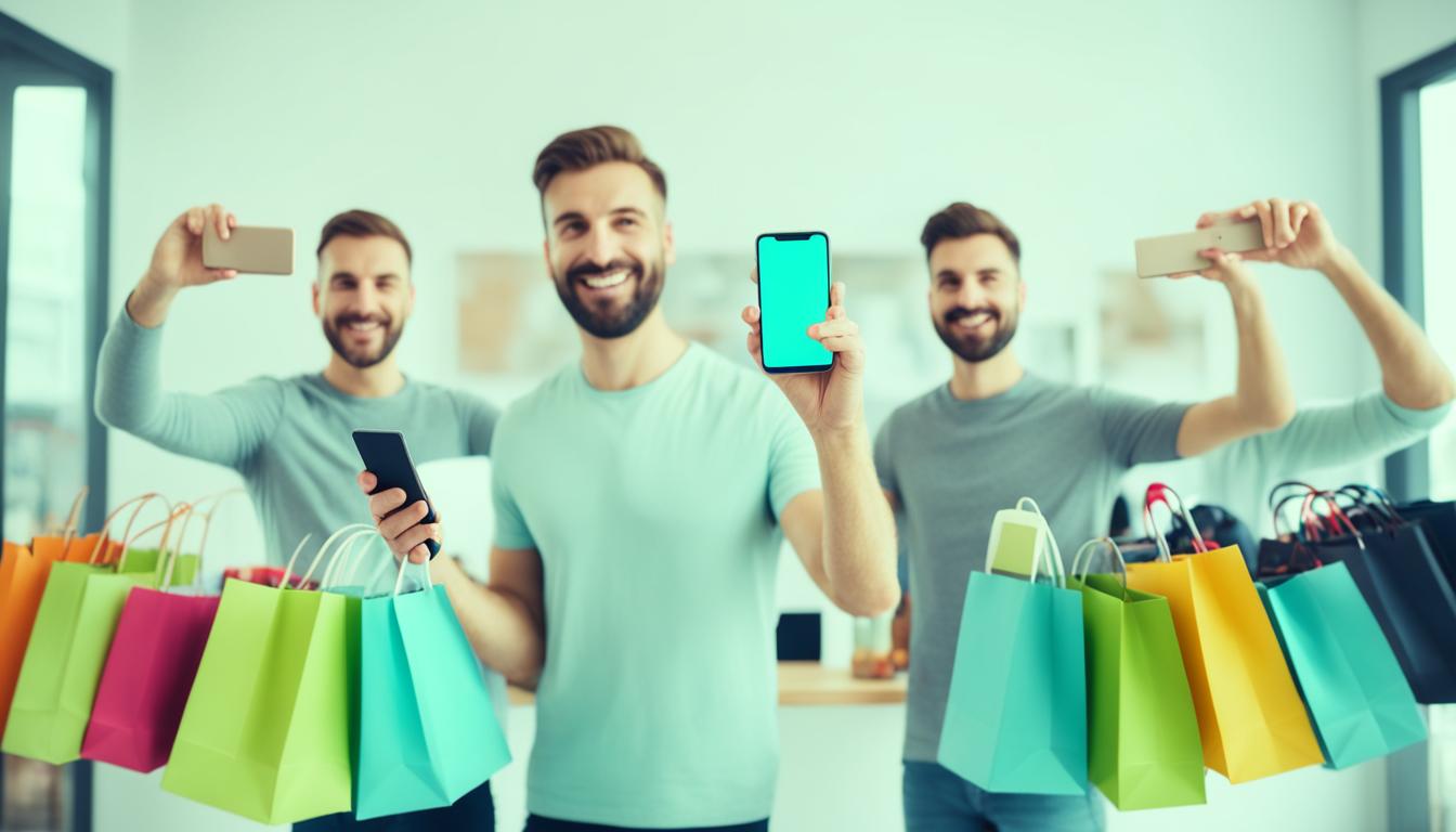 Two hands shaking, one with a smartphone and the other with a shopping bag full of products. People in the background taking photos with their phones. A smile on both faces.