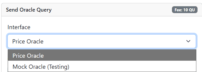 Interface dropdown expanded, showing Price Oracle and Mock Oracle (Testing) options