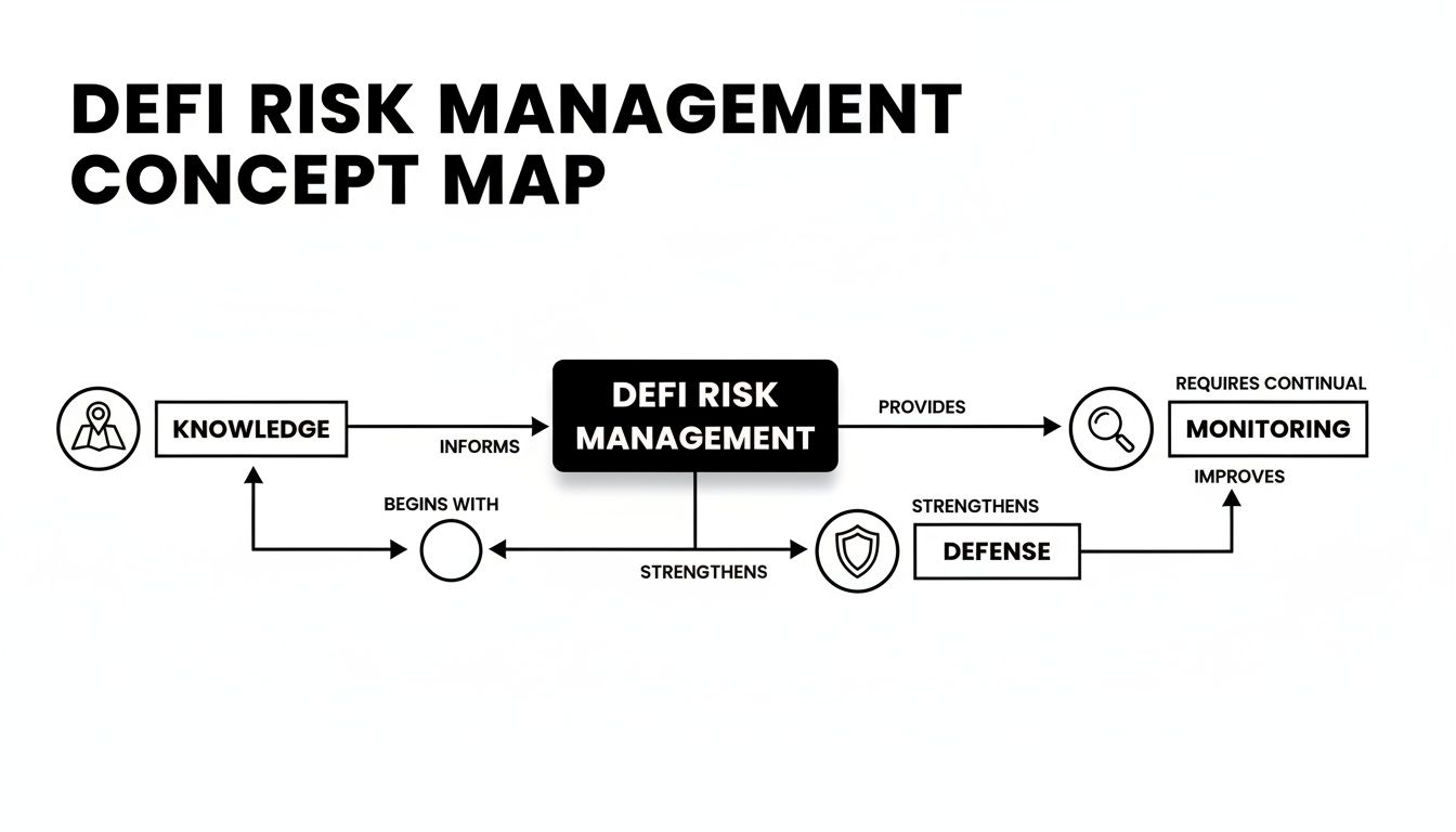 A concept map illustrating the DeFi Risk Management process, connecting knowledge, defense, monitoring, and their interdependencies.