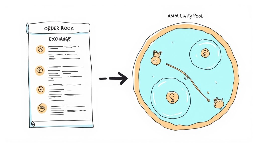 Illustration comparing the structures of centralized (CEX) and decentralized (DEX) exchanges.