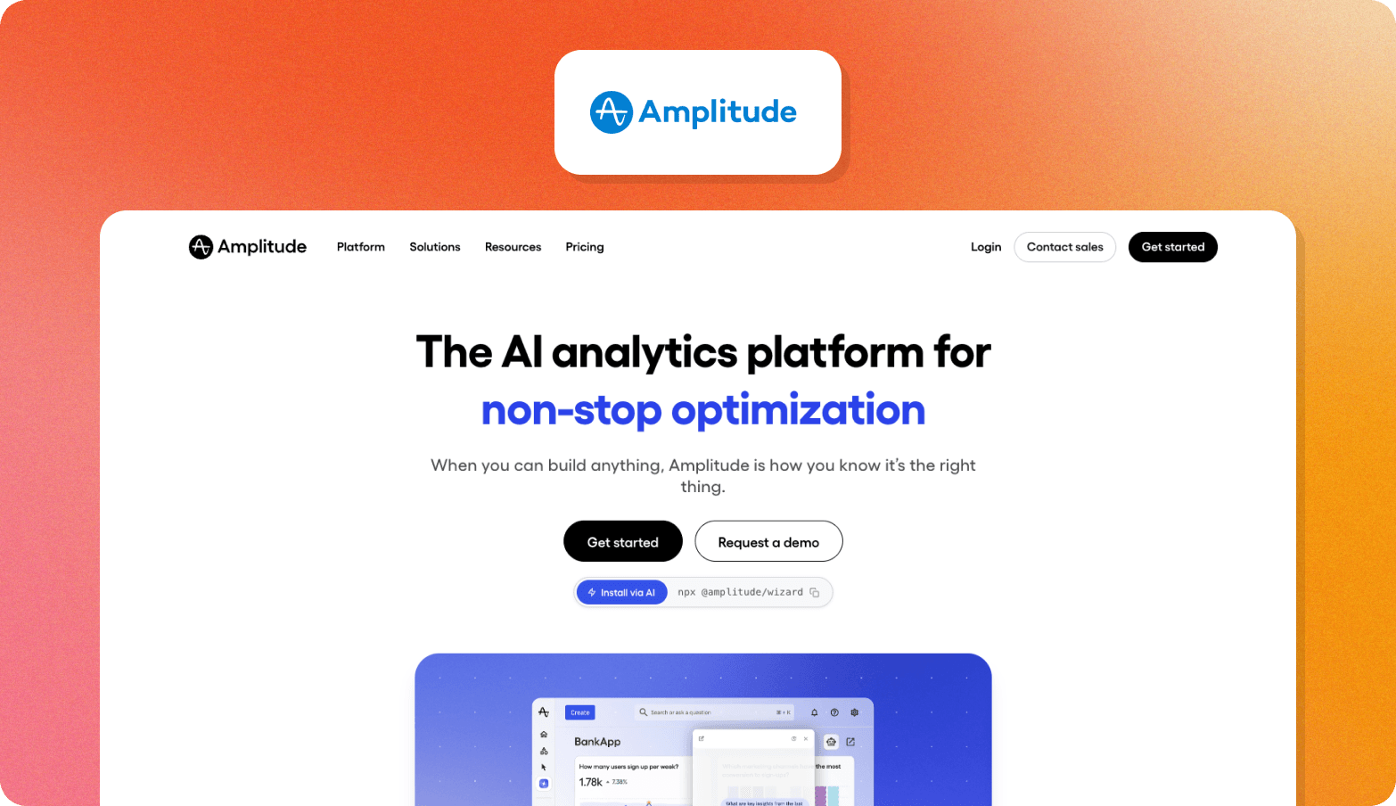 Amplitude homepage describing itself as an AI analytics platform for non-stop optimization, with a product dashboard preview