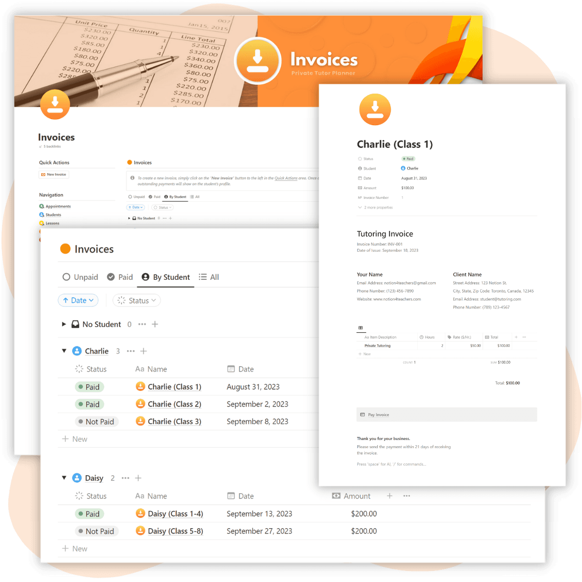 Private Tutor Planner Notion Template interface with orange accent colors displaying simplified invoice tracking for student billing. The image shows an invoice list and a ready-to-use invoice template, highlighting features like status management and financial clarity for efficient financial tracking within the template.