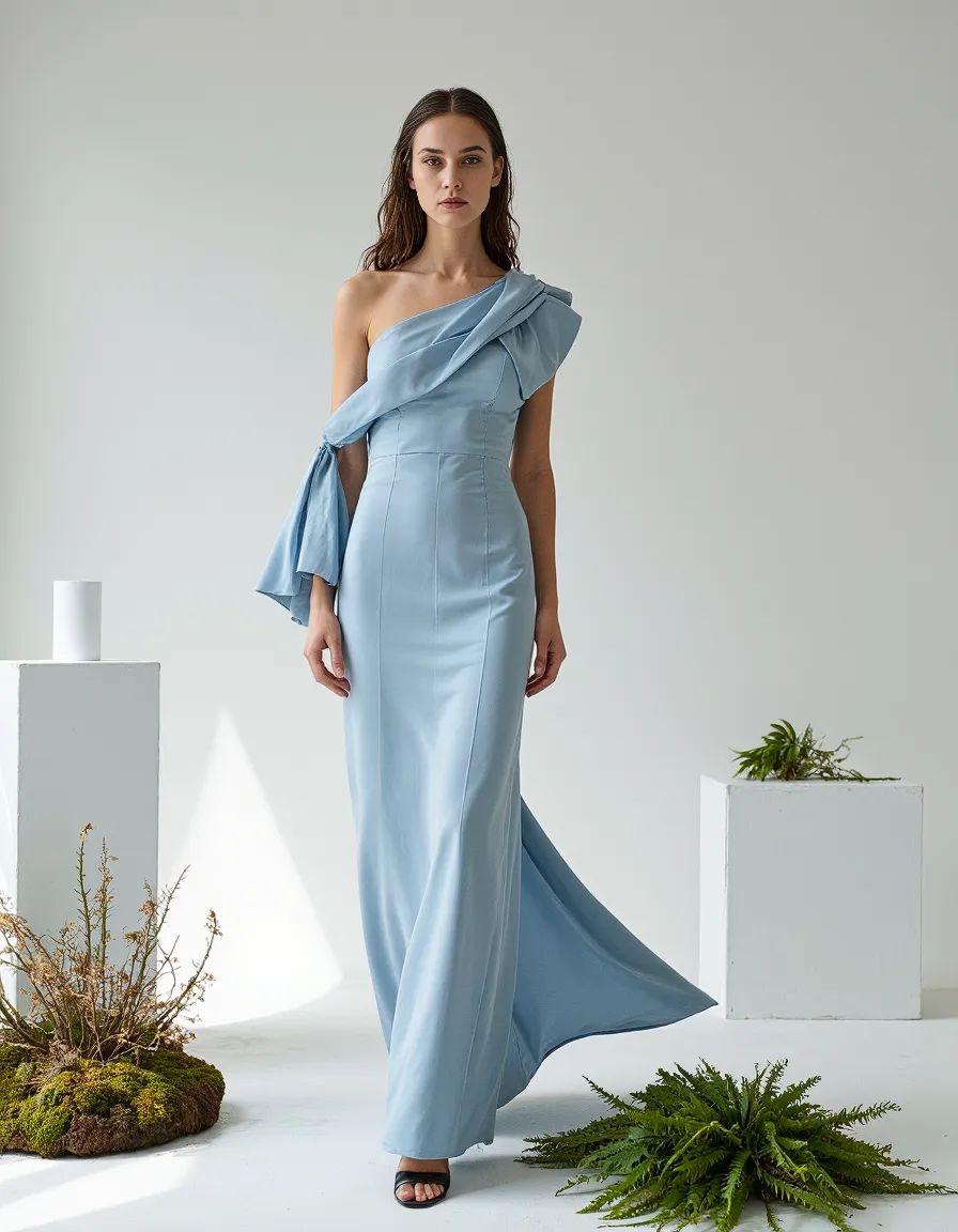 Elegant powder blue one-shoulder gown in minimalist setting with natural moss and fern elements, showcasing sophisticated fashion styling