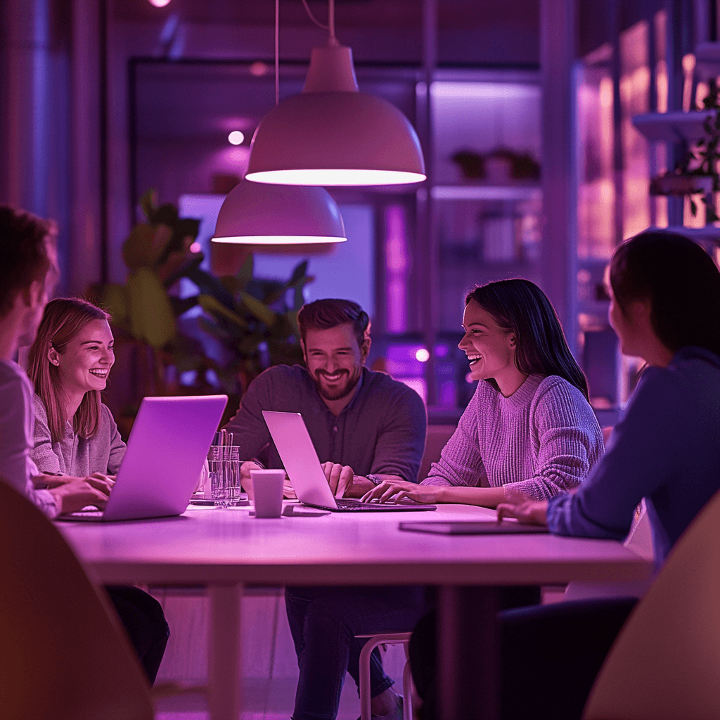 Équipe réunie autour d’une table dans un bureau à l’ambiance lumineuse violette, travaillant sur leurs ordinateurs portables, illustrant l’automatisation de la gestion des prospects et des projets proposée par HubSphere.