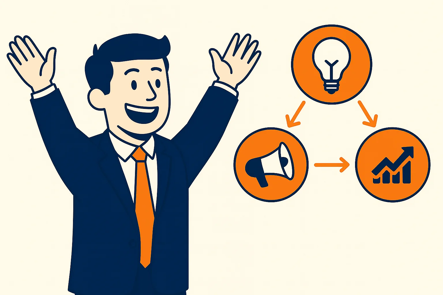 businessman-in-suit-raising-hands-next-to-icons-showing-lightbulb-megaphone-and-upward-growth-chart