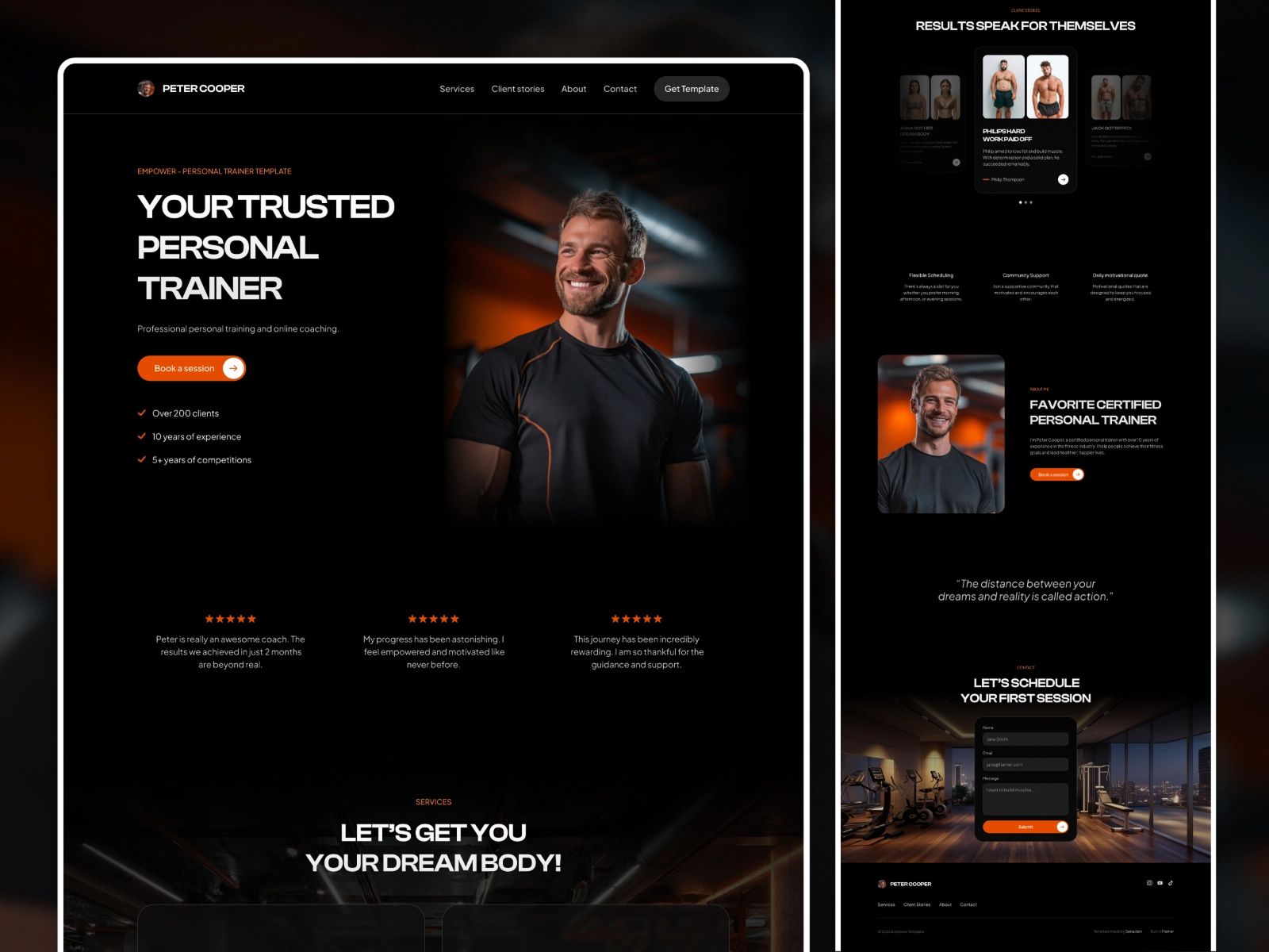 Empower personal trainer template — homepage with client testimonials and transformation gallery