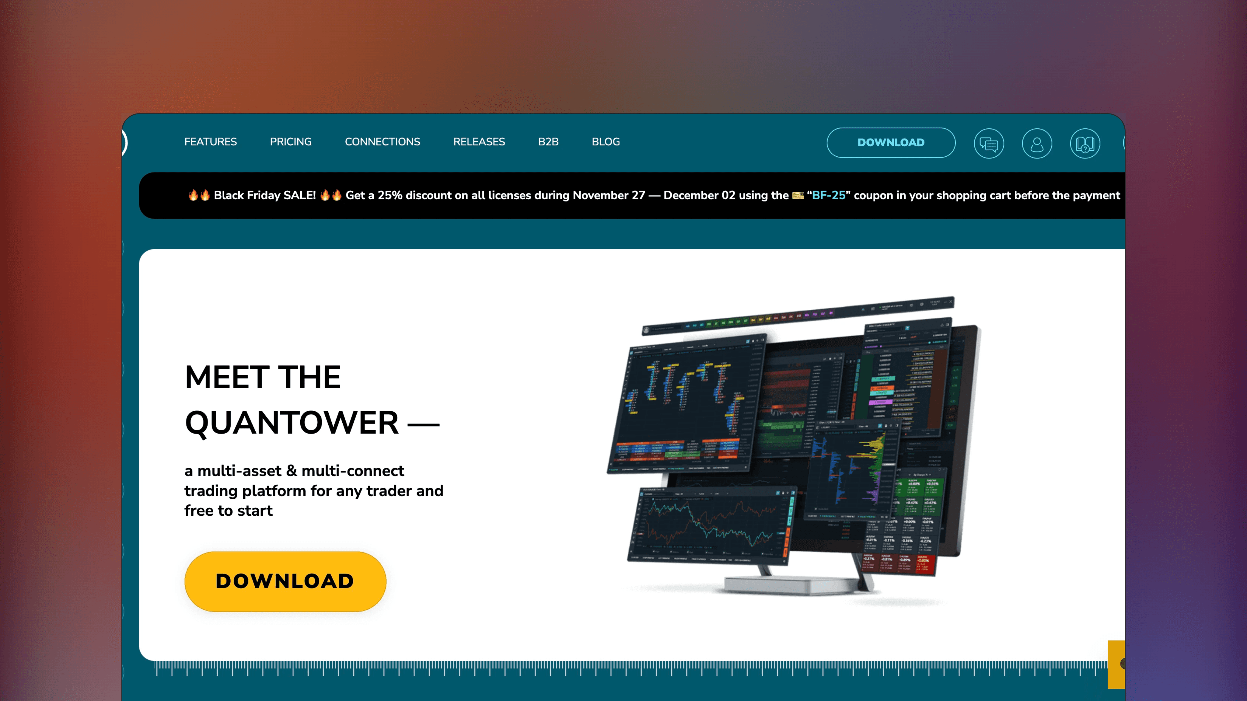 Website preview of Quantower, technical analysis charting platform showing a modular interface with footprint charts and depth of market data.