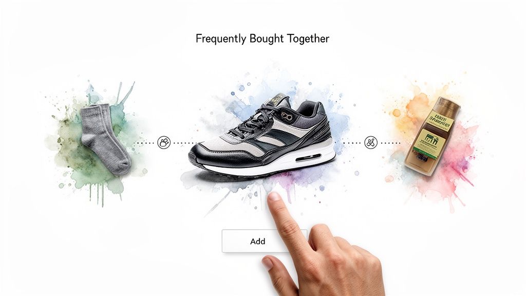An e-commerce display showing products frequently bought together: socks, sneakers, and a bottle with a hand pointing to an 'Add' button.