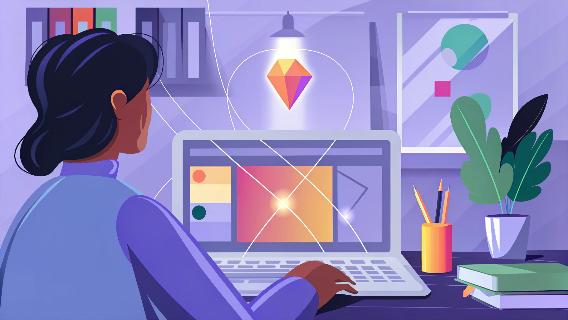 Digital illustration of a creator using SVGverseAI to generate vector graphics from text prompts.