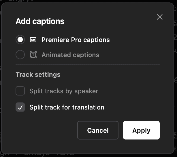 Screenshot of adding only translated captions to Premiere Protext-based editing feature in Cutback