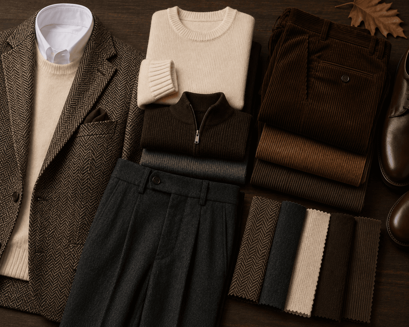 A top-down flat-lay photograph displaying a autumn wardrobe layout arranged on a dark wooden background. On the left is a brown herringbone tweed sport coat worn over a cream knit crewneck sweater and a white collared dress shirt with a brown pocket square. In the center are folded knitwear pieces including an extra cream sweater, a dark brown quarter-zip sweater, grey ribbed knitwear, and dark charcoal grey wool trousers. On the right are neatly folded corduroy pants in dark brown, camel brown, and olive green, paired with dark brown leather dress shoes and fabric swatches in matching earthy textures.