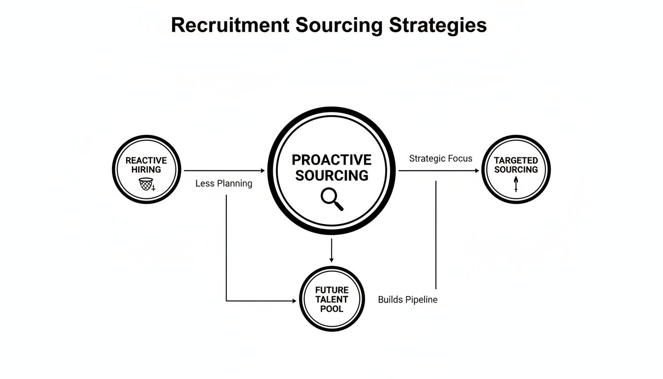 Flowchart illustrating recruitment sourcing strategies, distinguishing reactive, proactive, and targeted approaches.