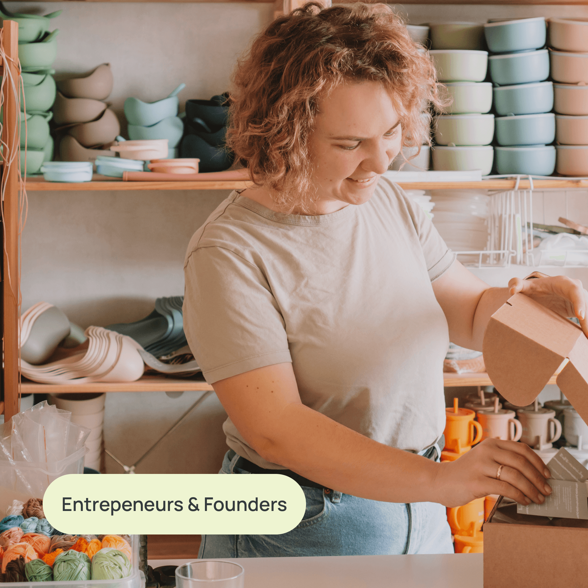 woman in her store with pottery behind her with label "entrepeneurs and founders"