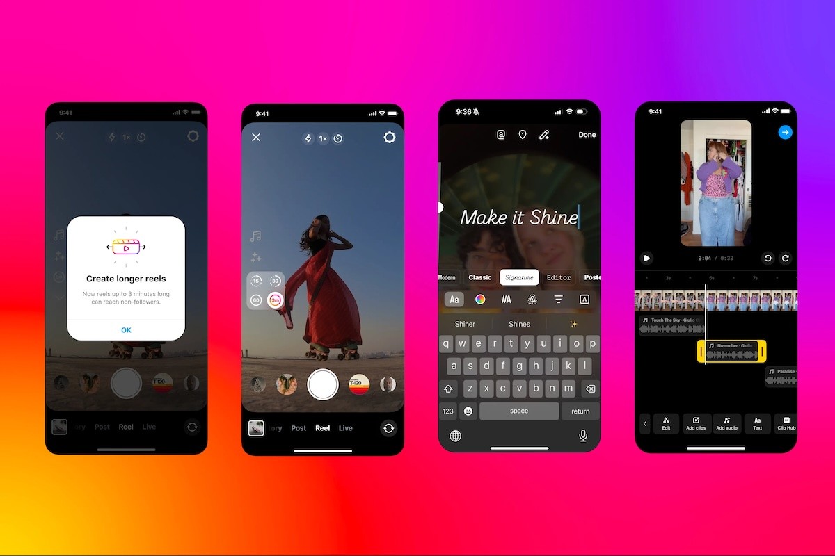 Four screens with Instagram reels creation interface