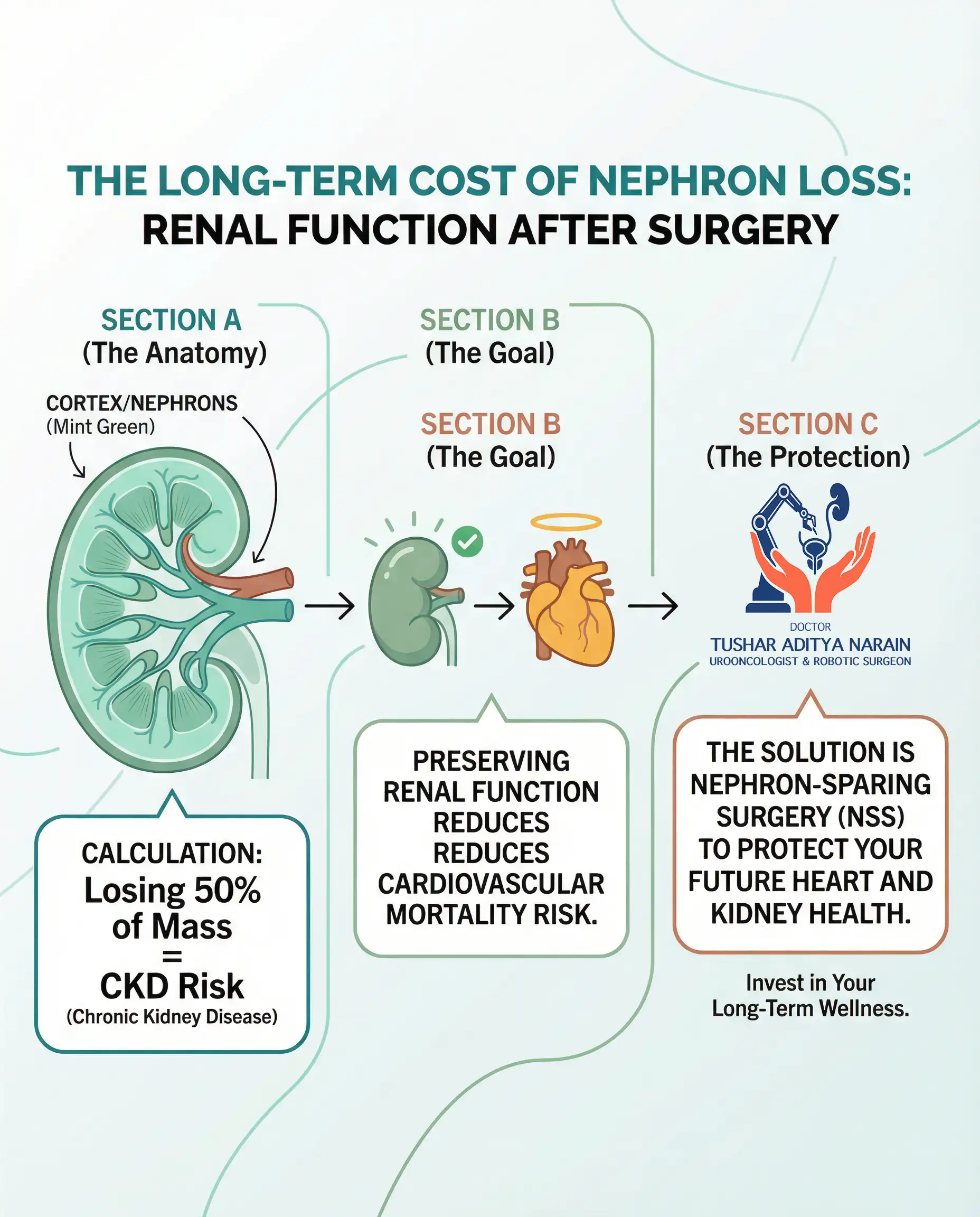 Schematic flowchart compares patient pathways: यह दिखाते हुए कि Nephron-Sparing Surgery शेष kidney mass की रक्षा करती है, इस प्रकार full kidney removal की तुलना में दीर्घकालिक में cardiovascular disease और Chronic Kidney Disease (CKD) के जोखिम को काफी कम करती है।