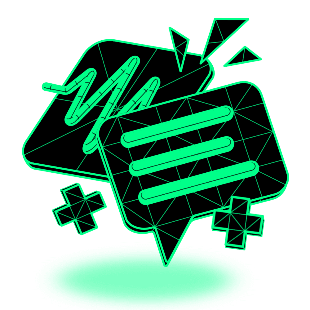 Futuristic neon green illustration of overlapping speech bubbles, one featuring wavy lines and the other with horizontal text lines, surrounded by geometric shapes.