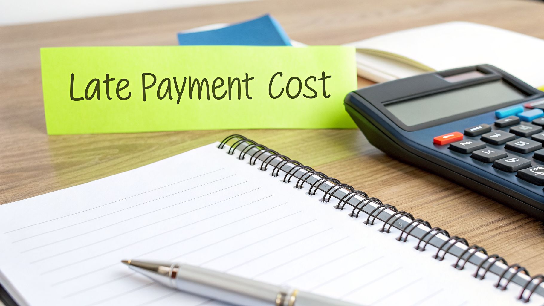 A green sticky note displaying 'Late Payment Cost' on a desk with a notebook, pen, and calculator.