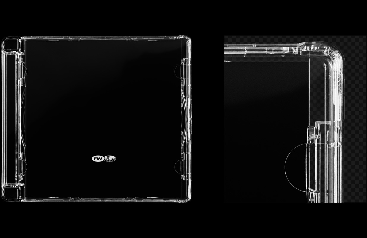 Modern CD jewel case mockup empty transparent case with detailed plastic hinge closeup
