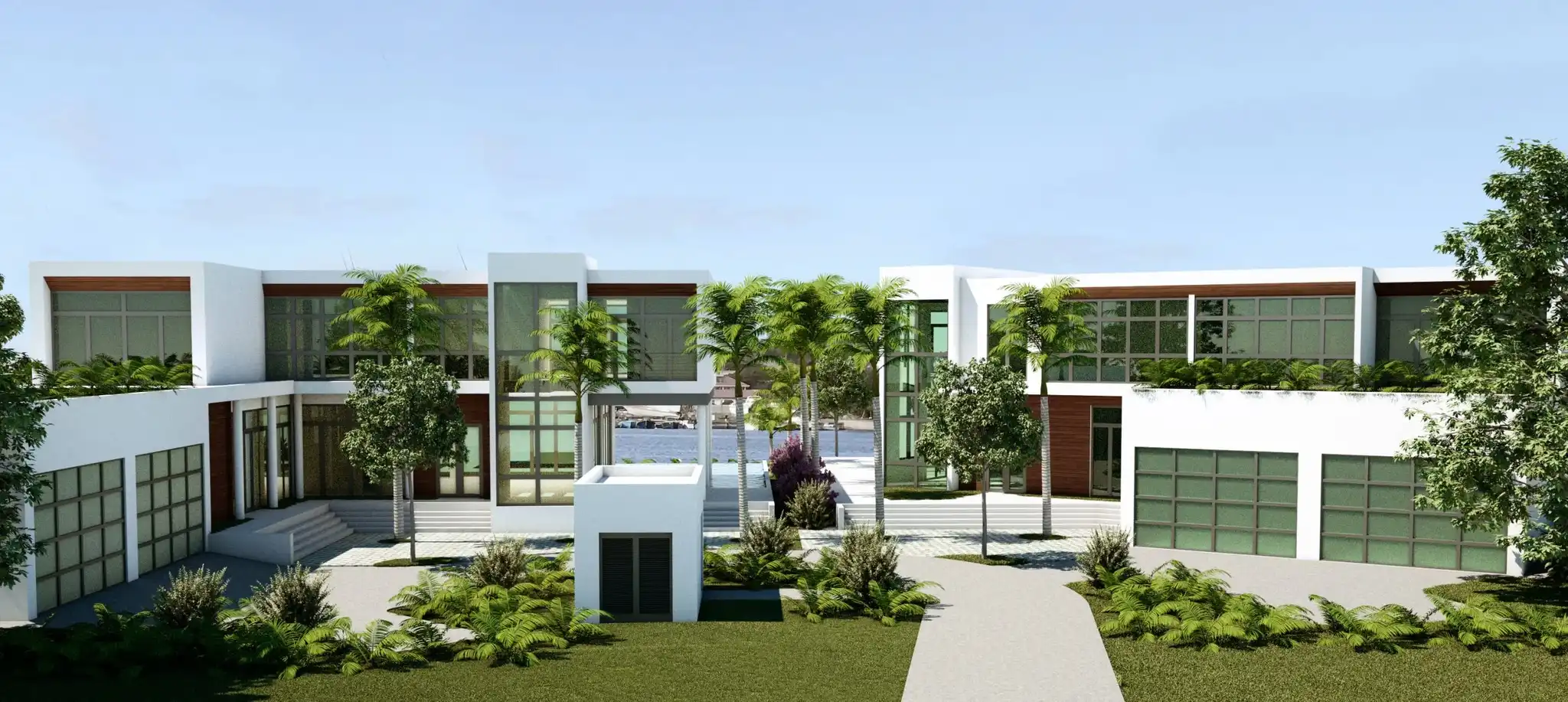 Front view of dual-villa waterfront estate with shared courtyard entry, Rodney Bay St. Lucia