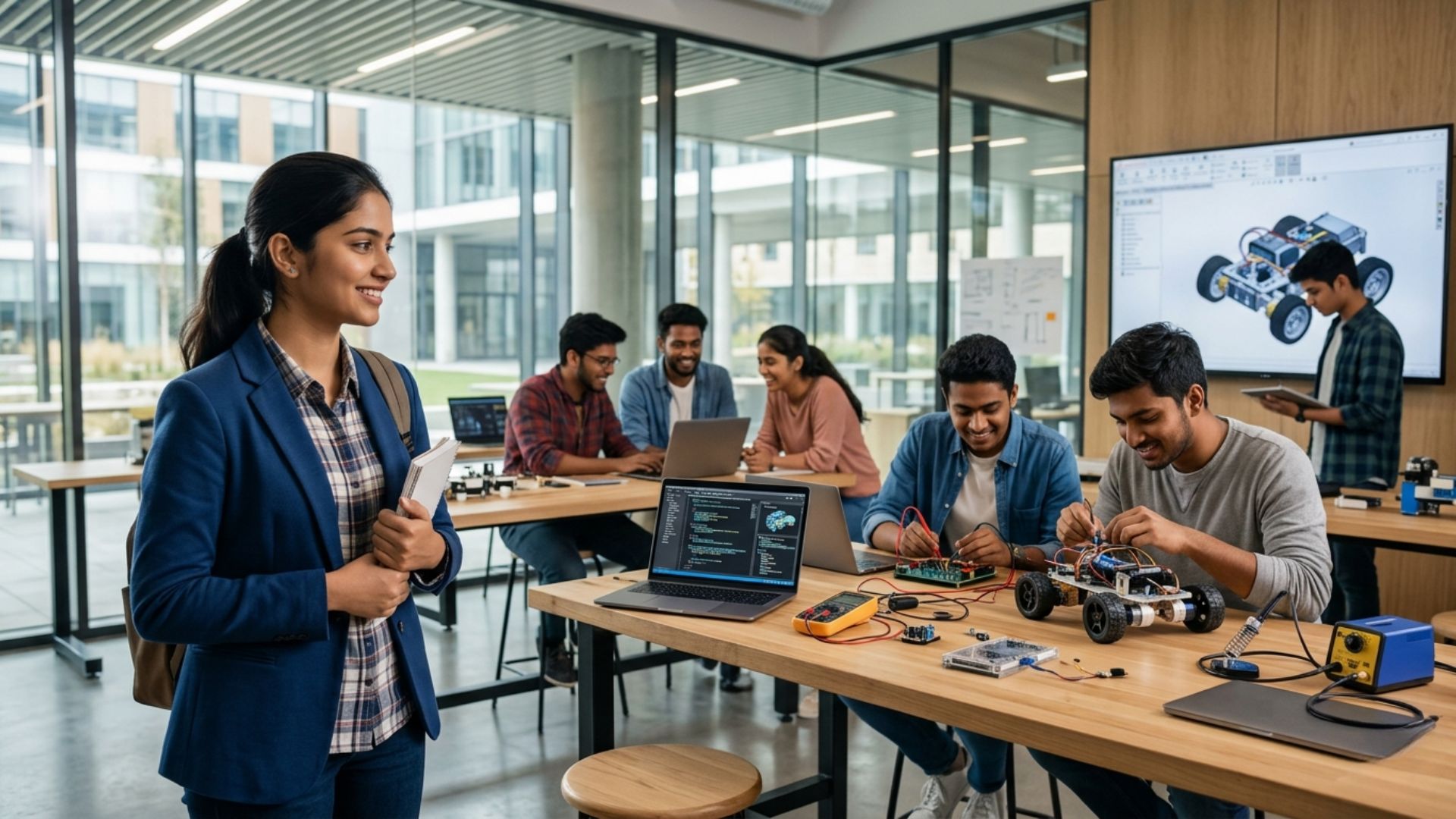 Engineering students working on coding, electronics, and hands-on projects in a modern lab while exploring is engineering still a good option