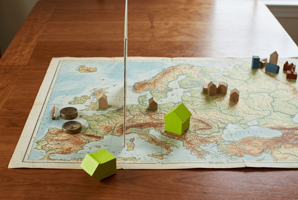 Eine aufgeschlagene Papierkarte Europas, darauf kleine Holzhäuser, eines liegt umgekippt am Rand.