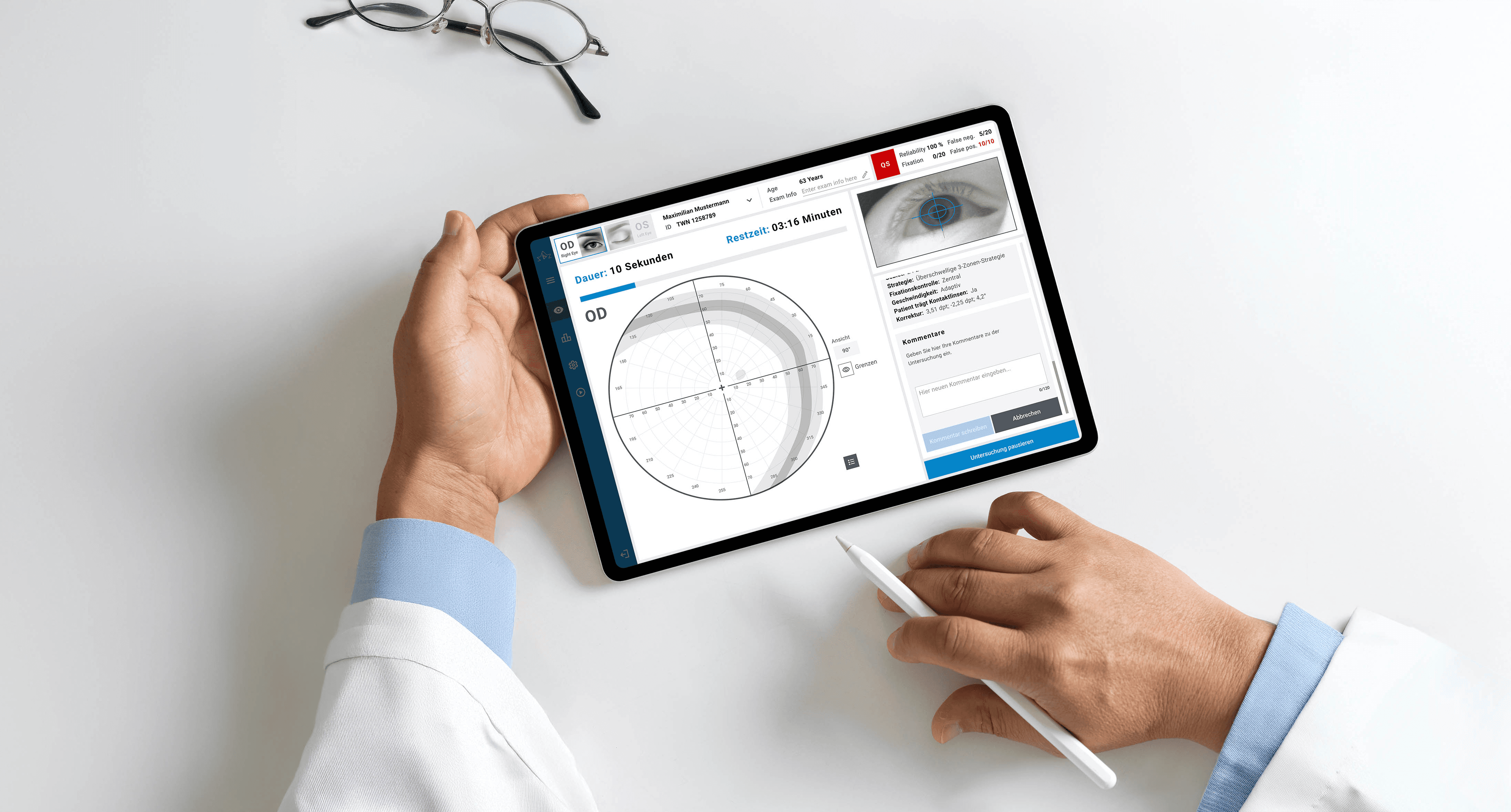 Eye examination device with a minimalist and ergonomic head-chin rest placed on a table in a doctor’s office.