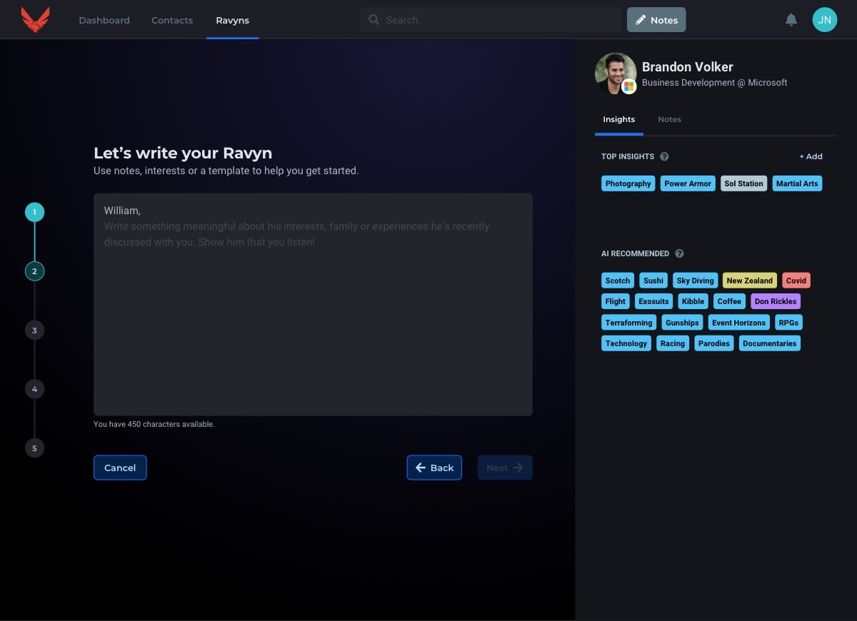 Ravyn wizard content screen