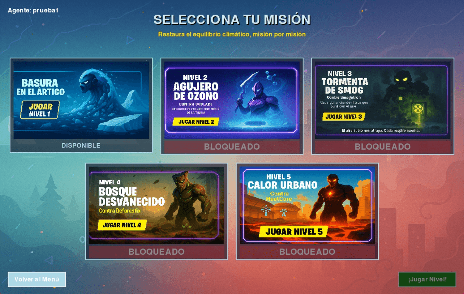 Level selection screen – Mission selector with climate villains and blocked levels