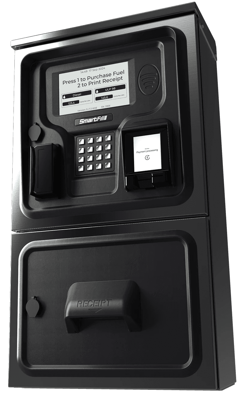 Render of SmartFill OPT, SmartFill OPT is a standalone system that allows people to make payments to receive fuel or fluids without a employee or supervisor present