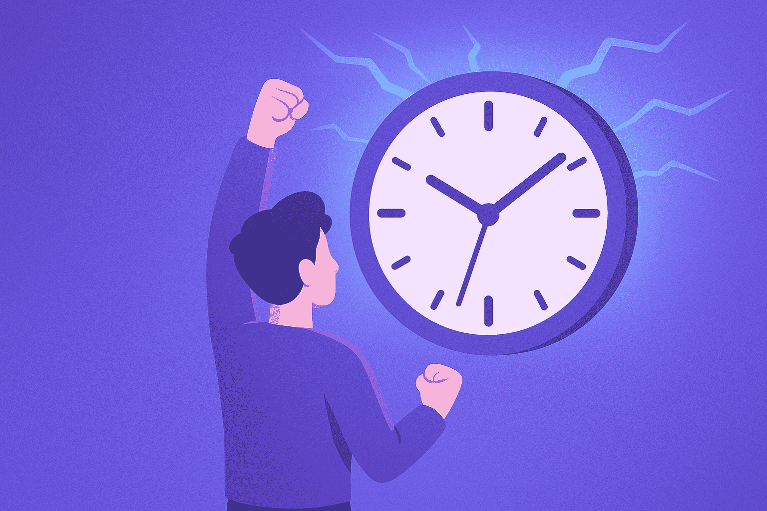 Illustration of a person gaining energy from a large glowing clock, symbolizing automated and empowering time tracking.